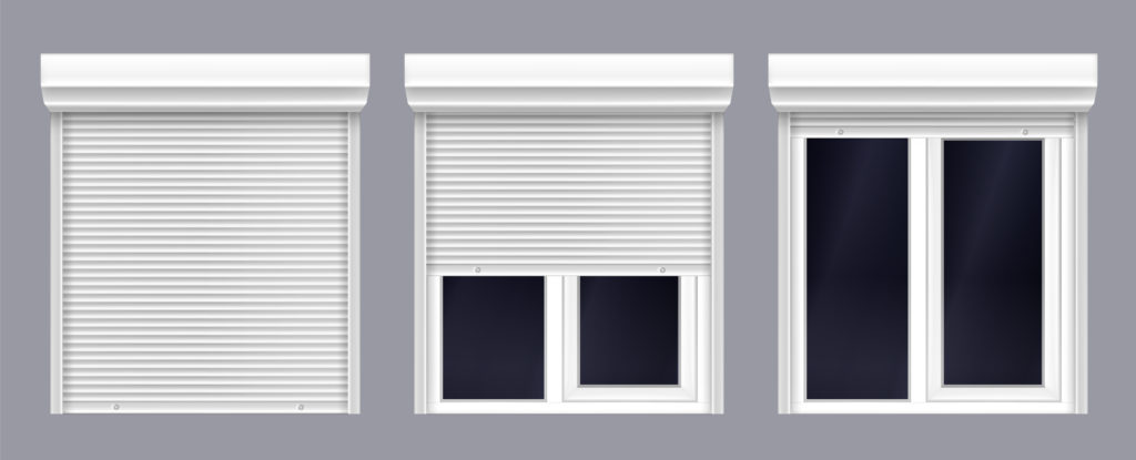 Window with roller shutter up and close. Plastic pvc double casement blinds. Opened and shut front view. Home facade design elements isolated on transparent background realistic 3d vector illustration